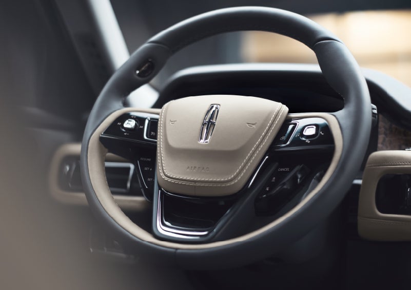 The intuitively placed controls of the steering wheel on a 2024 Lincoln Aviator® SUV | Lincoln Demo 4 in Derwood MD